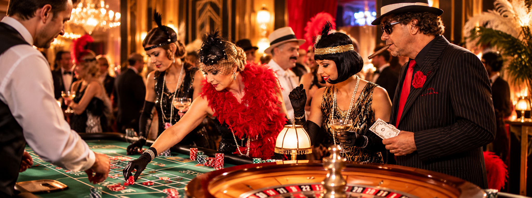 Soirée d'entreprise sur le thème des Années Folles avec ambiance Gatsby et casino