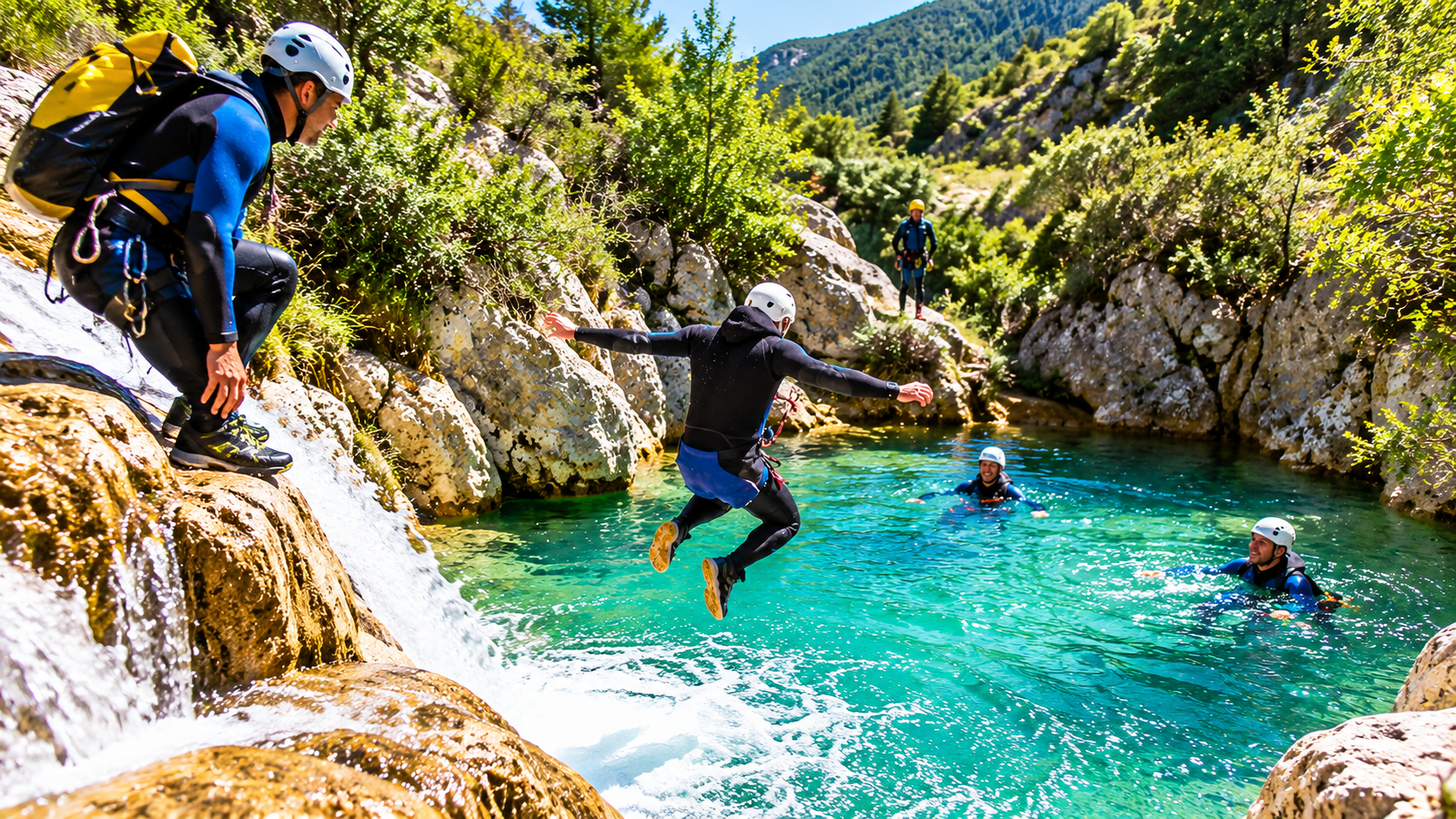 Activité de canyoning en équipe dans un cadre naturel, séminaire et team building dans la Drôme
