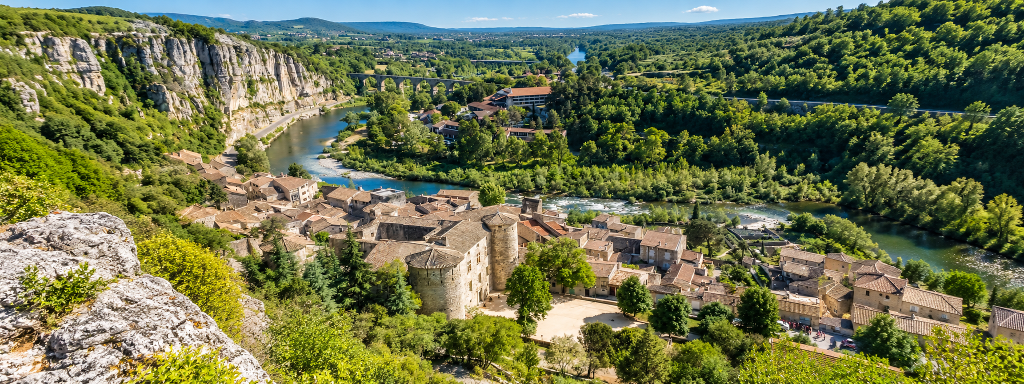 Vue panoramique du village de Vogüé en Ardèche, de son château et de la rivière