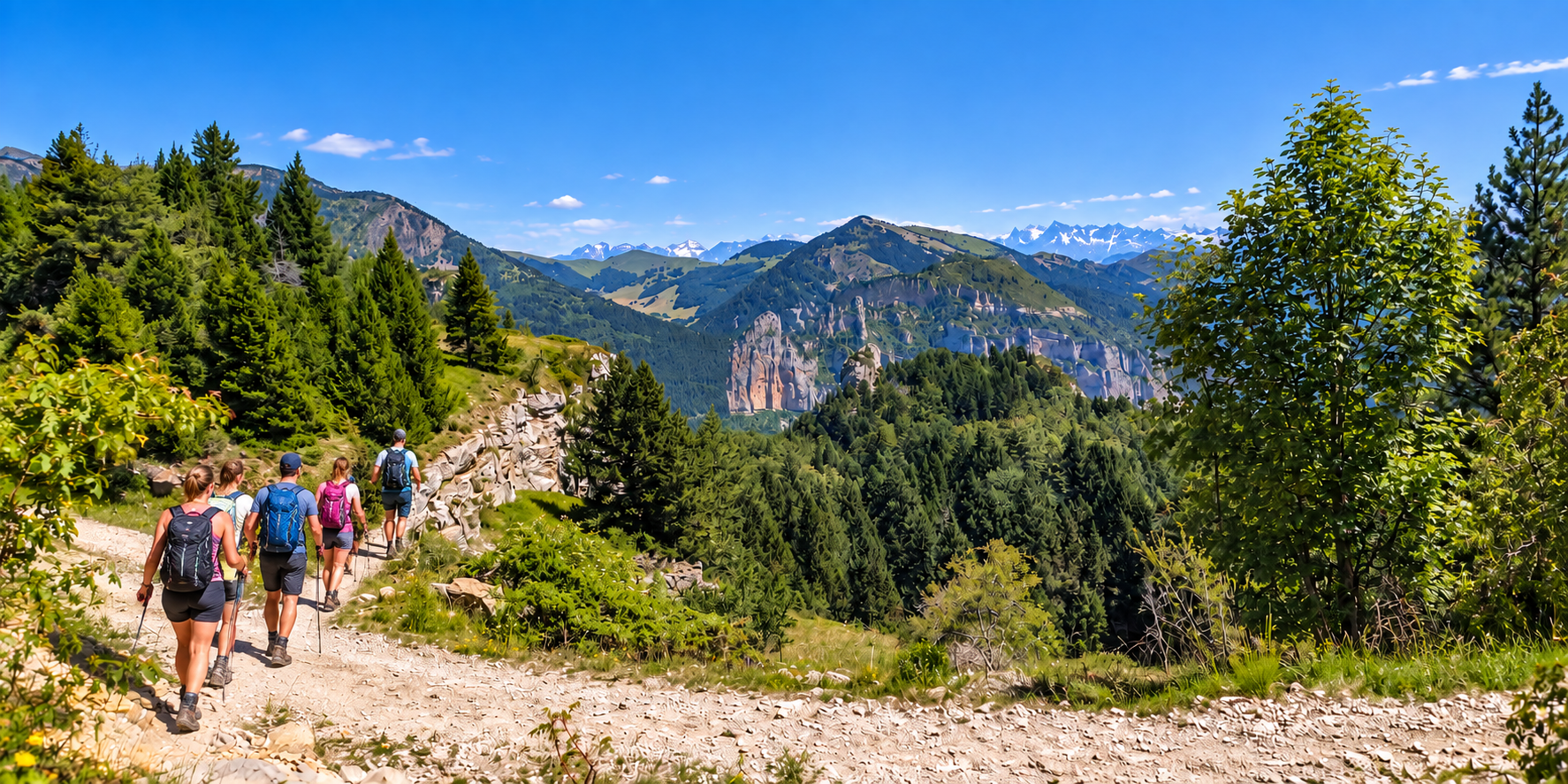 Groupe de collaborateurs en randonnée lors d'un séminaire à la montagne