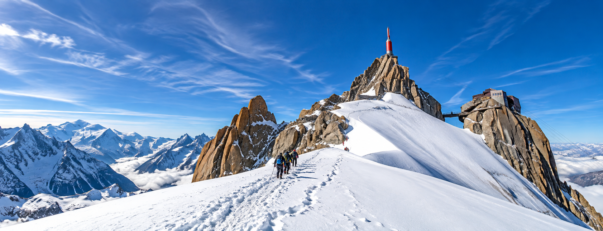 Aiguille du Midi et massif du Mont-Blanc lors d’un séminaire à Chamonix