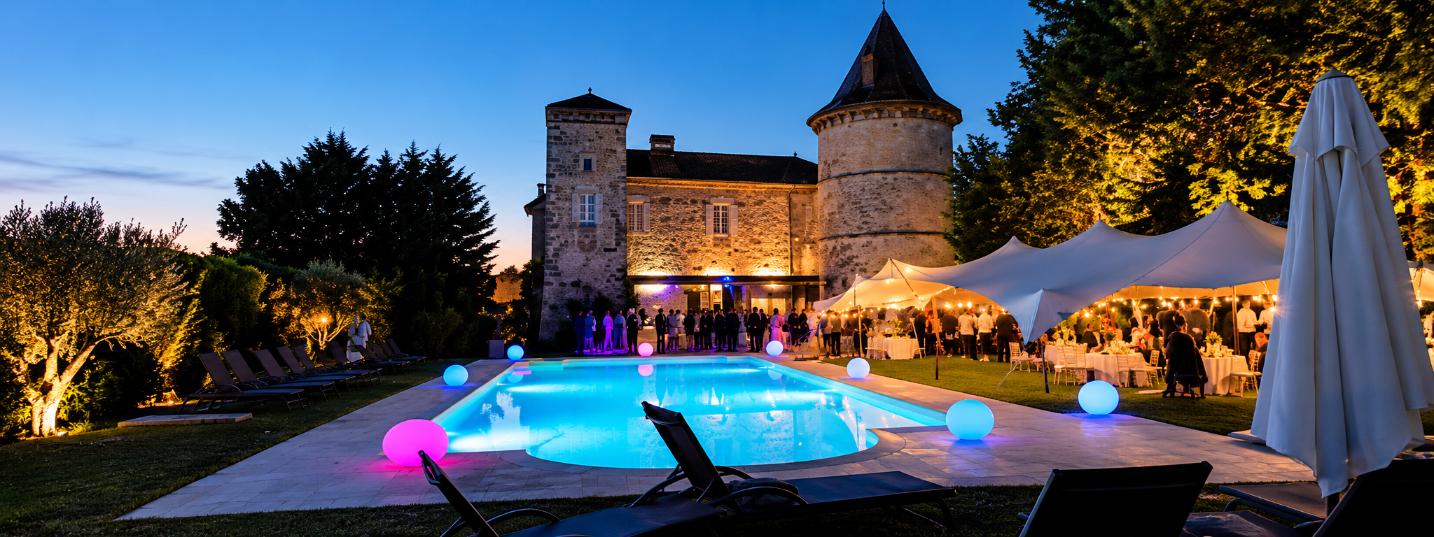 Soirée d'anniversaire d'entreprise dans un château avec piscine illuminée et réception festive